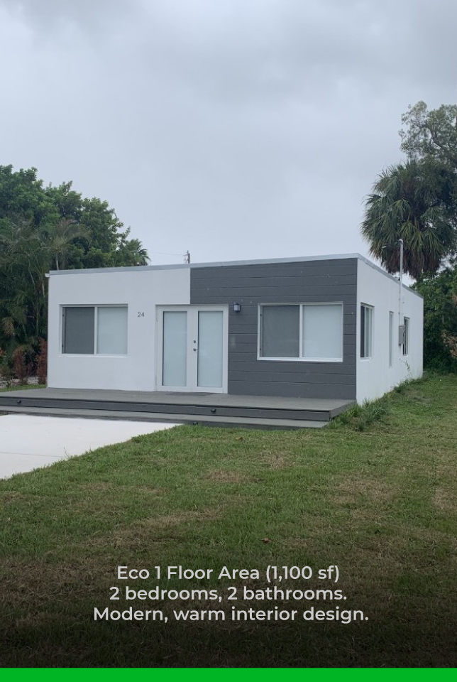 Eco 1 (1,100 sf) is a two bedrooms, two bathrooms home with a modern, warm interior design. The layout provides a harmonious living experience.