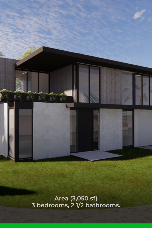 Eco 8 (LSF) (3,050 sf) is a three bedrooms and two 1/2 bathrooms home.